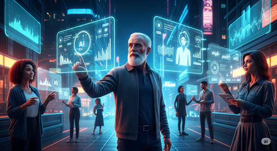 Tendances marketing digital 2025 : IA, réseaux sociaux, données. Des professionnels interagissent avec des interfaces futuristes pour la croissance des entreprises au Havre.