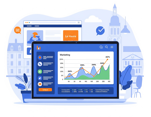 Graphique des prix de marketing digital au Havre, montrant les coûts d'investissement pour un site web et le SEO.