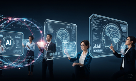 Des professionnels interagissent avec des interfaces d'intelligence artificielle et des données, symbolisant l'optimisation des sites web pour la recherche future au Havre.