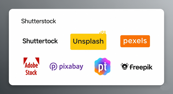 Logos de plateformes d'images de stock populaires comme Shutterstock, Unsplash, Pexels, Adobe Stock, Pixabay et Freepik.