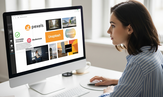 Personne recherchant des images et vérifiant les licences pour un site web professionnel.